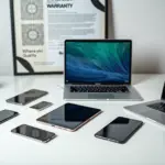 Восстановленная техника на столе с ценником и сертификатом гарантии