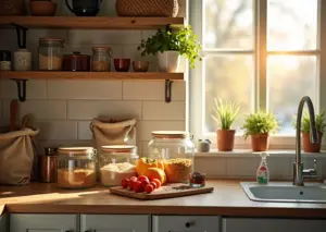 Кухня с многоразовыми контейнерами, тканевыми сумками и компостной корзиной, иллюстрирующая образ жизни без мусора