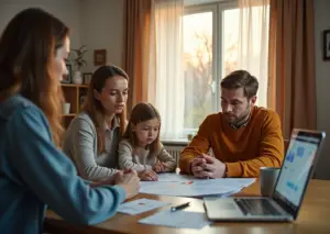 Российская семья рассматривает счета за ЖКХ с государственным служащим, объясняющим субсидии на оплату жилья