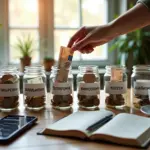 Шесть подписиных кувшинов с рублями, смартфон с приложением для бюджета, руки кладут деньги в кувшин