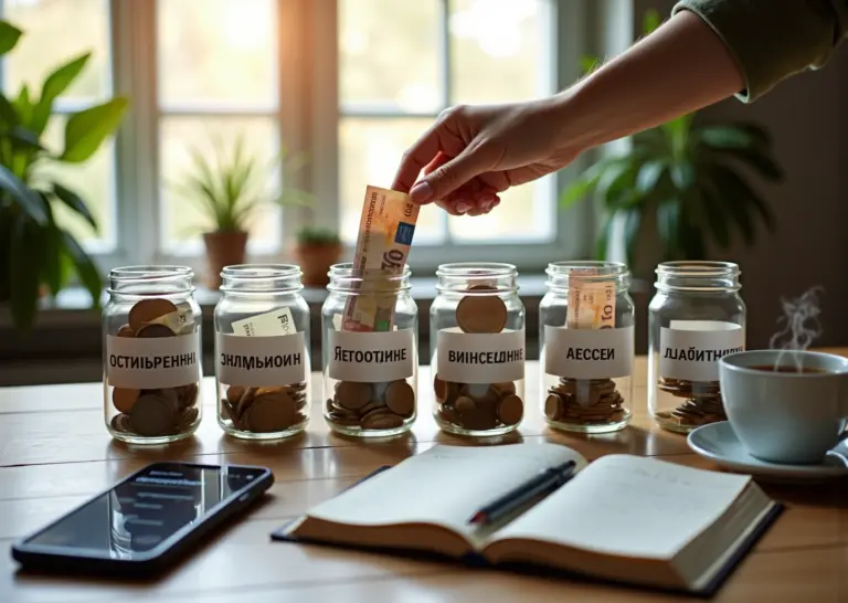 Шесть подписиных кувшинов с рублями, смартфон с приложением для бюджета, руки кладут деньги в кувшин