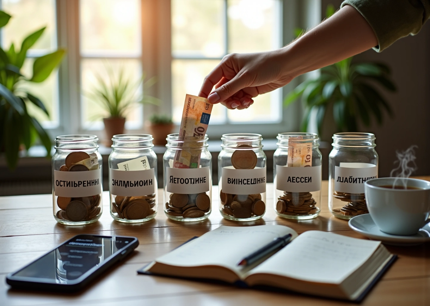 Шесть подписиных кувшинов с рублями, смартфон с приложением для бюджета, руки кладут деньги в кувшин