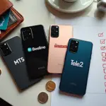 Смартфоны с логотипами МТС, Билайн, МегаФон и Tele2 рядом с кошельком, монетами и чек‑листом по выбору тарифа