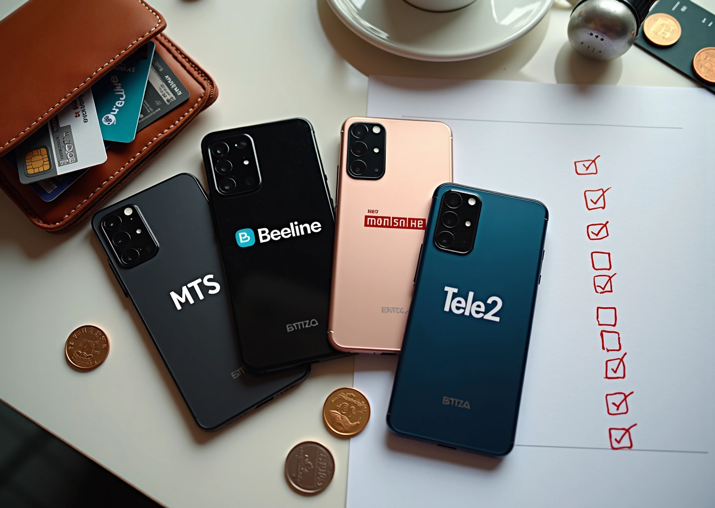Смартфоны с логотипами МТС, Билайн, МегаФон и Tele2 рядом с кошельком, монетами и чек‑листом по выбору тарифа