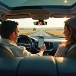 Автомобиль на российской дороге с водителем и пассажирами, смартфон с приложением маршрута на переднем плане