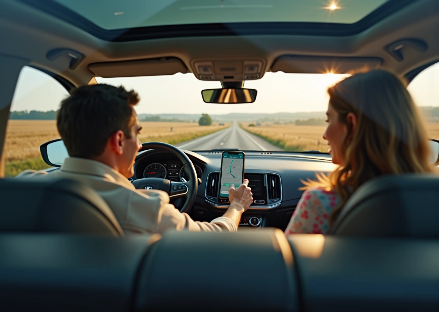 Автомобиль на российской дороге с водителем и пассажирами, смартфон с приложением маршрута на переднем плане