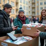 Пакеты с одеждой, коробка со старой техникой и контейнер с батарейками на приёме вещей на фоне жилого дома