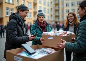 Пакеты с одеждой, коробка со старой техникой и контейнер с батарейками на приёме вещей на фоне жилого дома