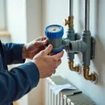 Мастер устанавливает счётчик воды рядом с радиатором; на столе лежат паспорт прибора и документы для оформления