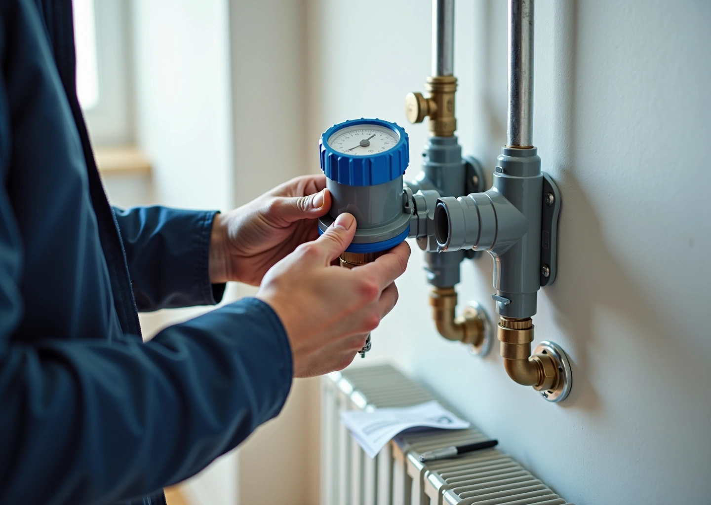 Мастер устанавливает счётчик воды рядом с радиатором; на столе лежат паспорт прибора и документы для оформления