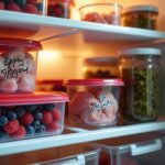 Открытая морозильная камера с аккуратно упакованными и подписанными продуктами для зимних заготовок