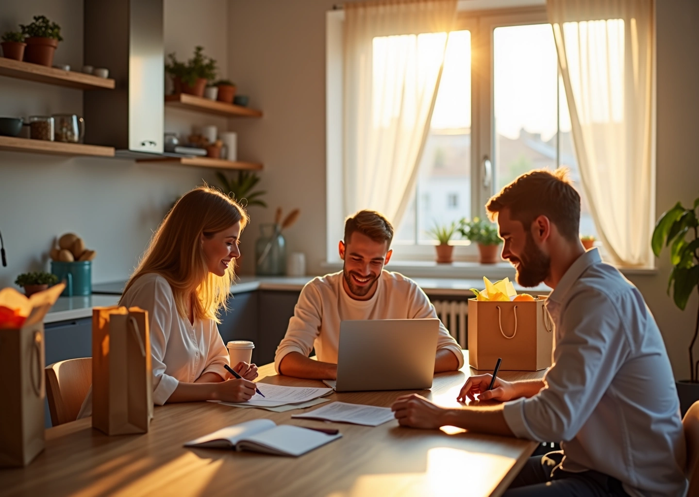Уютный современный интерьер российского дома с семьёй, планирующей бюджет, окружённой продуктами бюджетного сегмента и предметами экономии