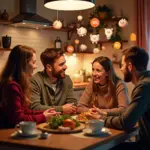 Семья в уютном доме планирует бюджет, вокруг символы экономии, скидок и разумного потребления