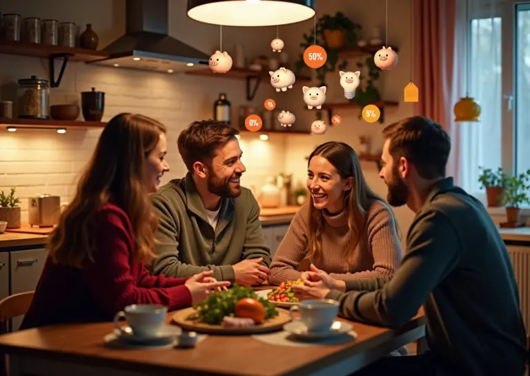 Семья в уютном доме планирует бюджет, вокруг символы экономии, скидок и разумного потребления