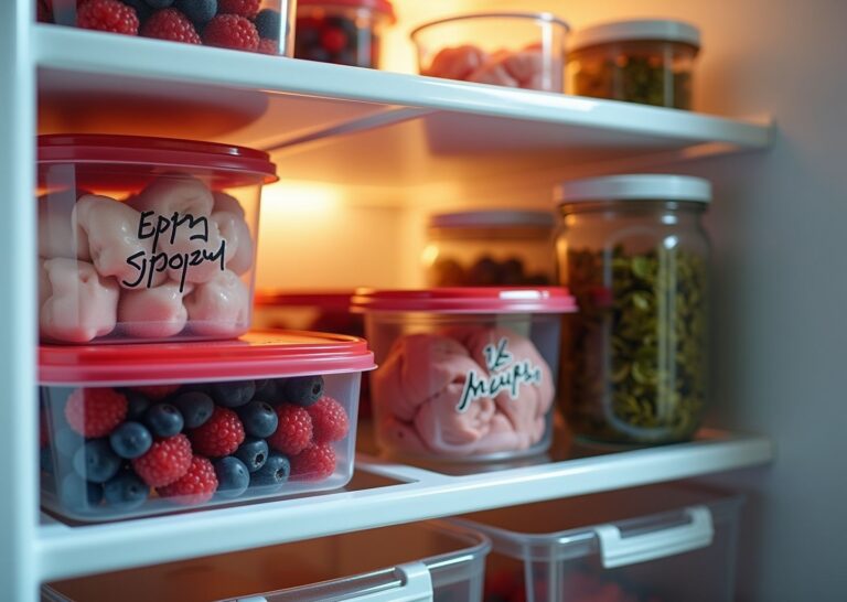 Открытая морозильная камера с аккуратно упакованными и подписанными продуктами для зимних заготовок