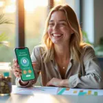 Счастливый человек, празднующий экономию с приложением на смартфоне, показывающим очки и достижения