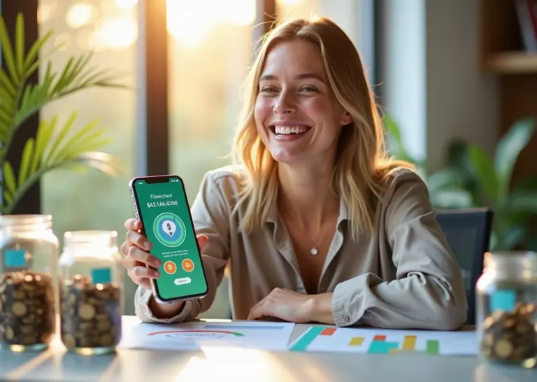 Счастливый человек, празднующий экономию с приложением на смартфоне, показывающим очки и достижения