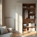 Минималистичная светлая квартира: аккуратный диван, открытый шкаф с капсульным гардеробом, коробки для продажи и ноутбук с сайтом объявлений