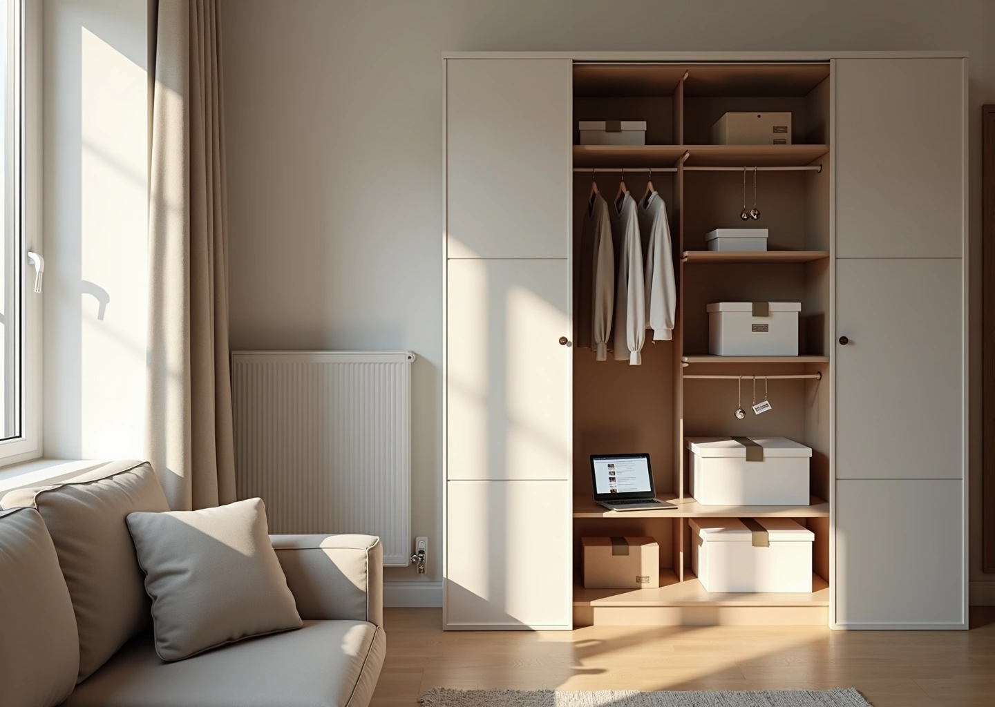 Минималистичная светлая квартира: аккуратный диван, открытый шкаф с капсульным гардеробом, коробки для продажи и ноутбук с сайтом объявлений